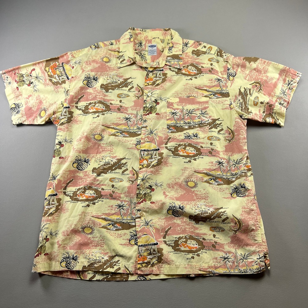Old Navy Hawaiian Shirt Mens XL Multicolor Tropical Island Map Graphic Summer